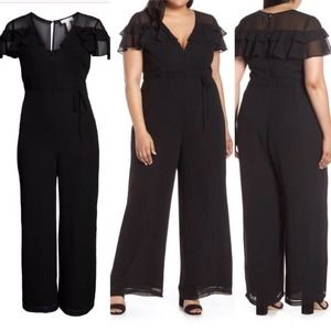 Leith | New Black sheer ruffle trim short sleeve jumpsuit